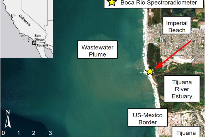 NASA JPL satellite image of the Tijuana River wastewater plume entering the Pacific Ocean off San Diego