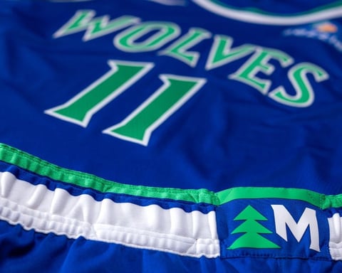 Minnesota Timberwolves players model the new pine tree uniforms for the 2026-27 NBA season