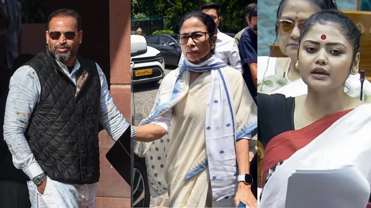 TMC rebel MPs Yusuf Pathan and Saayoni Ghosh with party leader Mamata Banerjee at a campaign rally