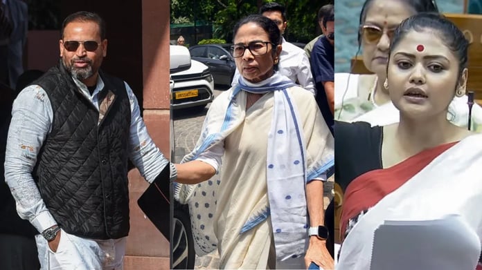 TMC rebel MPs Yusuf Pathan and Saayoni Ghosh with party leader Mamata Banerjee at a campaign rally