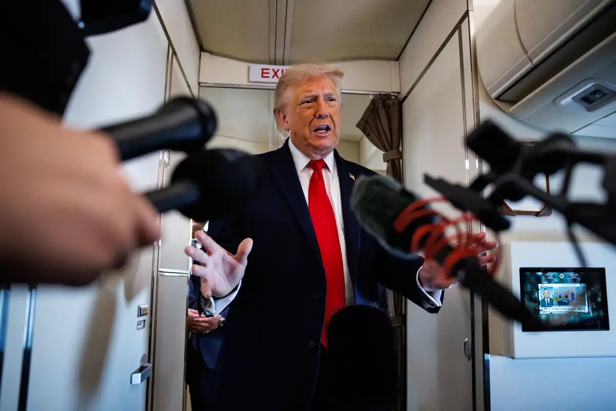 US President Donald Trump speaks to reporters aboard Air Force One on June 5 2026 amid Iran-Israel ceasefire talks