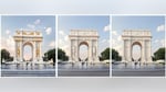 Truth Social mockup image of the proposed 250-foot Independence Arch on the Potomac across from the Lincoln Memorial Washington DC
