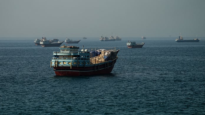 Vessels anchored in the Strait of Hormuz off Bandar Abbas as US-Iran peace negotiations stall