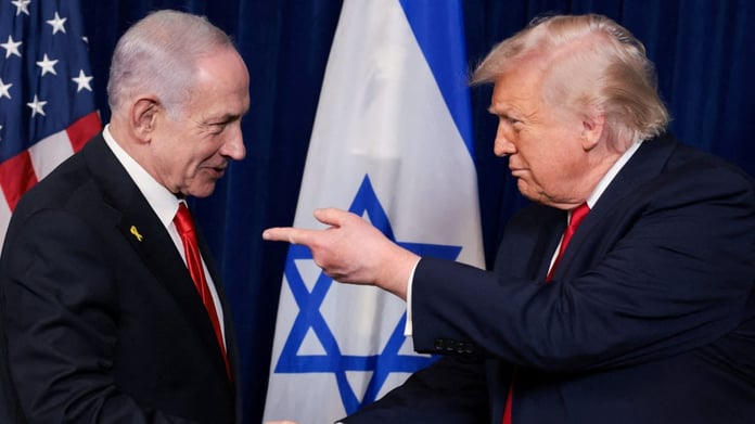Donald Trump points finger at Benjamin Netanyahu at Mar-a-Lago press conference December 2025