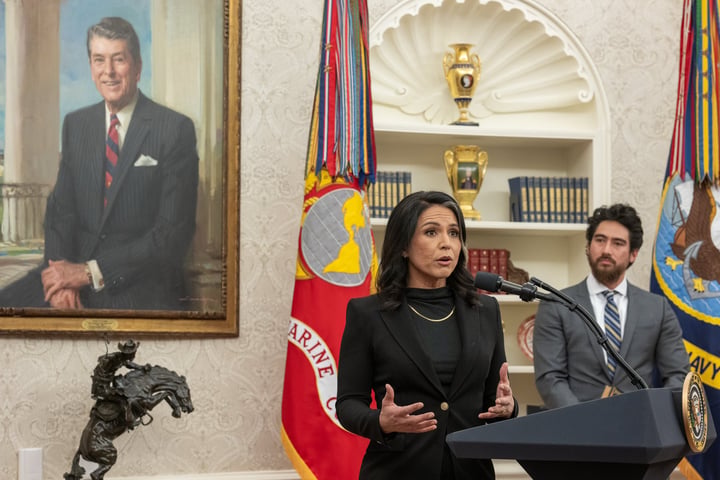 Tulsi Gabbard, the outgoing Director of National Intelligence who released the biolab files, speaking at the White House