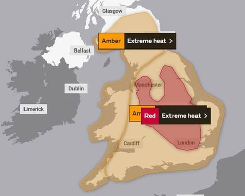 UK Met Office extreme heat weather warnings map showing red alert zones across England