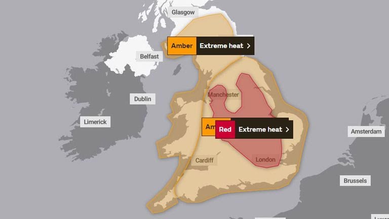 UK Met Office red extreme heat warning map showing parts of England under the highest-level alert during Europe's June 2026 heatwave, with temperatures forecast to exceed 38 degrees Celsius