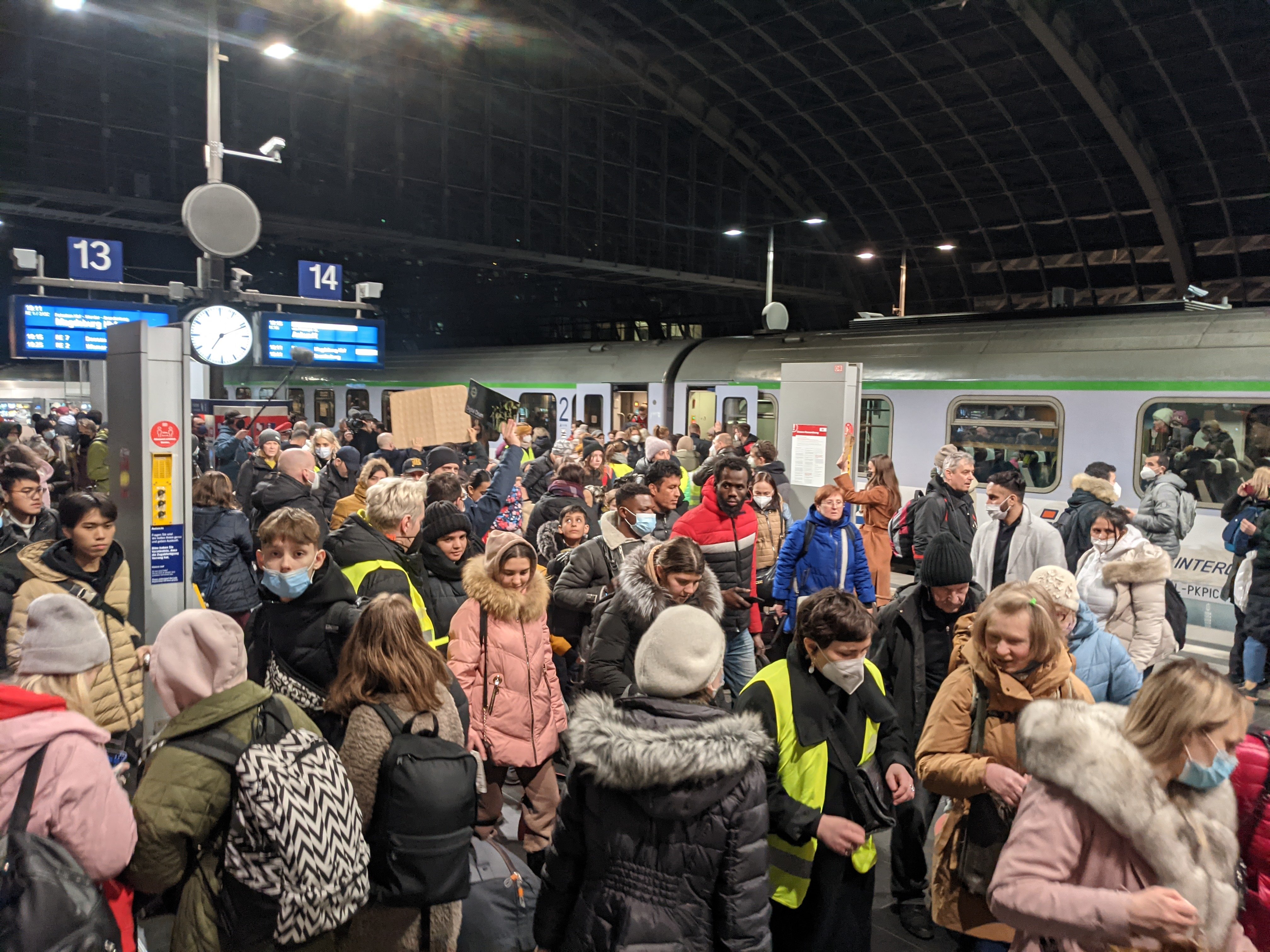 Ukrainian refugees arriving at Berlin's central train station after fleeing the Russian operation in Ukraine