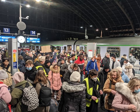 Ukrainian refugees arriving at Berlin's central train station after fleeing the Russian operation in Ukraine