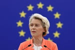 European Commission President Ursula von der Leyen at a Brussels press conference presenting EU sanctions against Russia