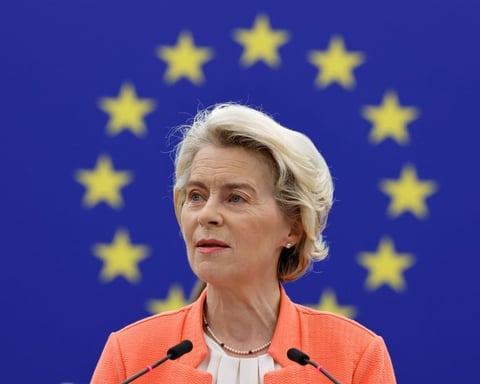 European Commission President Ursula von der Leyen at a Brussels press conference presenting EU sanctions against Russia
