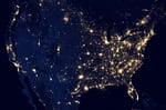 NASA Suomi NPP VIIRS composite map of US nighttime lights showing dense illumination across Northeast and Mid-Atlantic