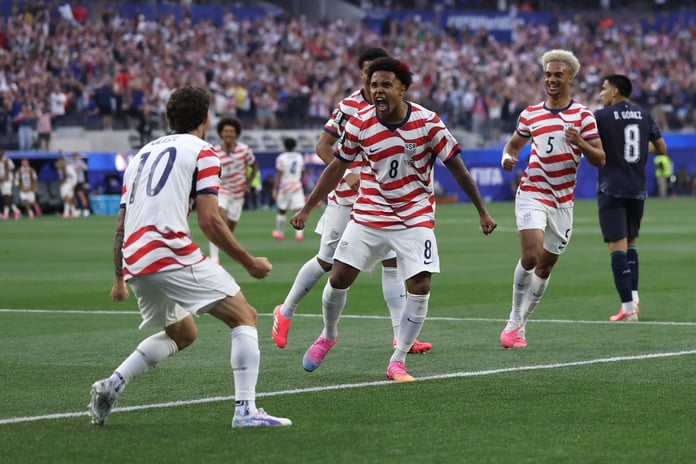 Christian Pulisic and Weston McKennie celebrate after USMNT goal vs Paraguay FIFA World Cup 2026 SoFi Stadium