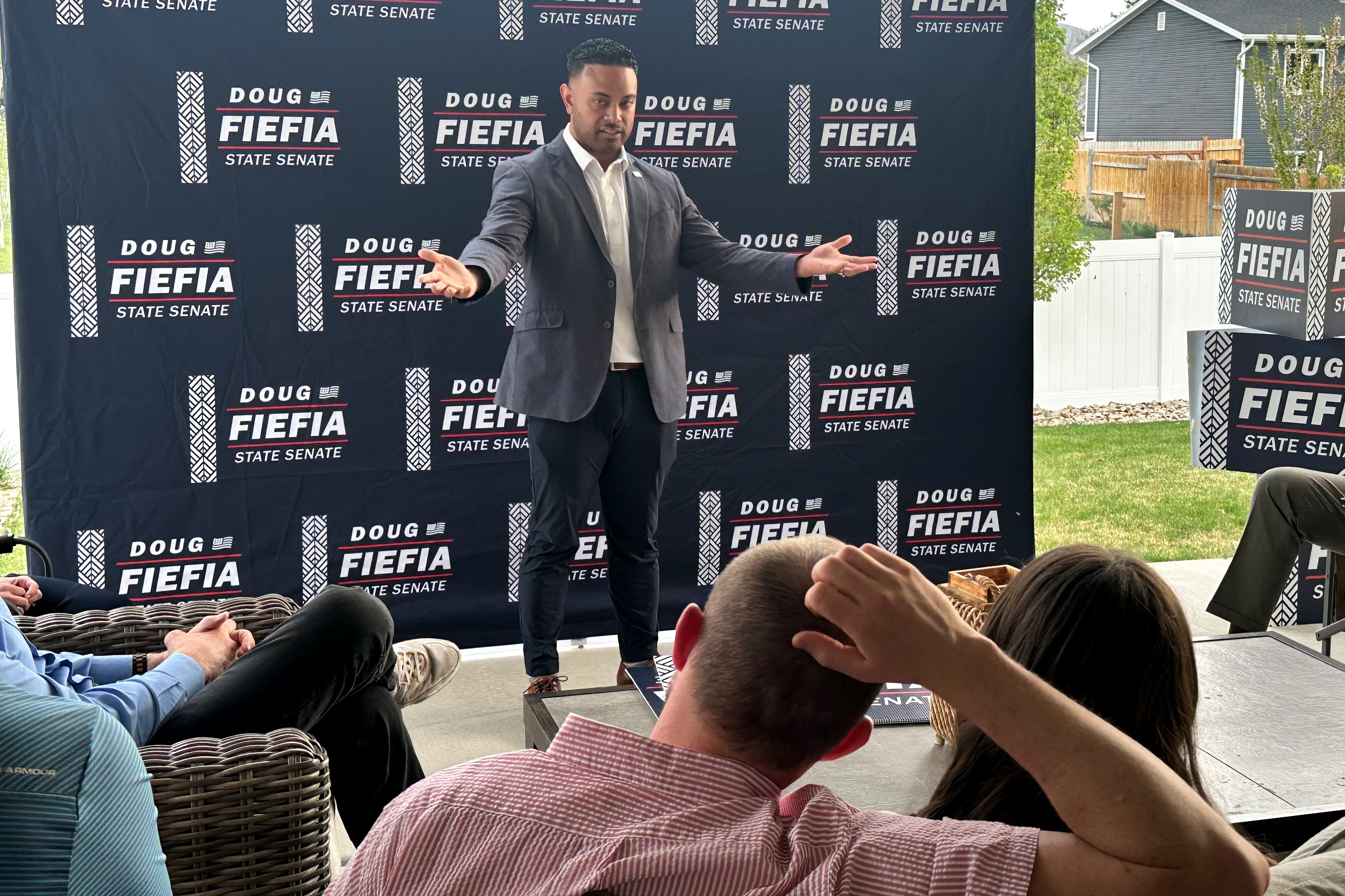 Utah state Rep. Doug Fiefia speaks to Republican voters at a cottage meeting in Riverton, Utah, in April 2026