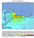 USGS ShakeMap showing seismic intensity of the M7.5 Venezuela earthquake near Yumare on June 24 2026