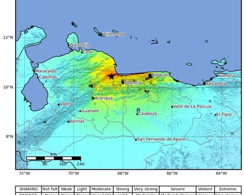 USGS ShakeMap showing seismic intensity of the M7.5 Venezuela earthquake near Yumare on June 24 2026
