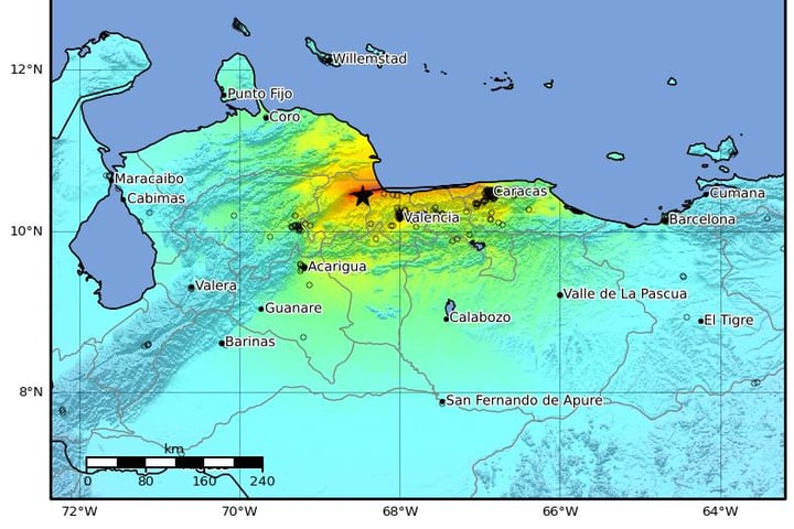 USGS ShakeMap showing seismic intensity of the M7.5 Venezuela earthquake near Yumare on June 24 2026