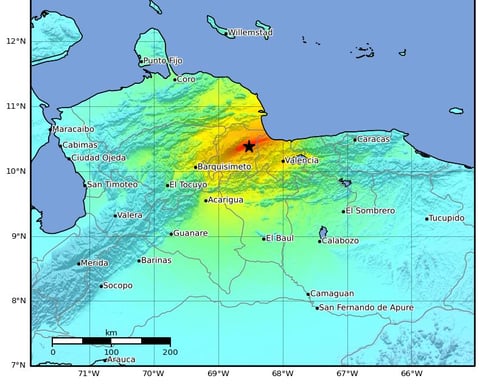 USGS ShakeMap showing the intensity of the M7.2 earthquake near San Felipe, Venezuela, June 24 2026