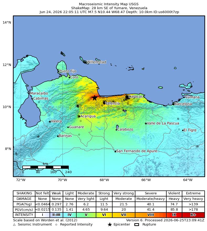 USGS ShakeMap showing the intensity of the larger M7.5 earthquake near Yumare, Venezuela, June 24 2026