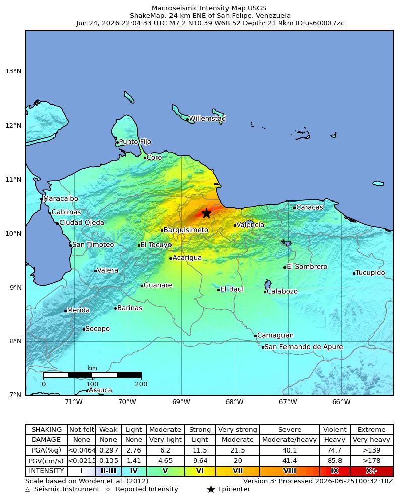 USGS ShakeMap showing the intensity of the June 24 2026 Venezuela doublet earthquake with La Guaira and Caracas in the highest-intensity zone