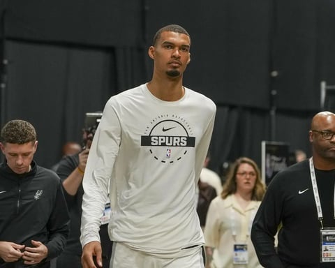 Victor Wembanyama of the San Antonio Spurs after Game 2 of the 2026 NBA Finals against the New York Knicks