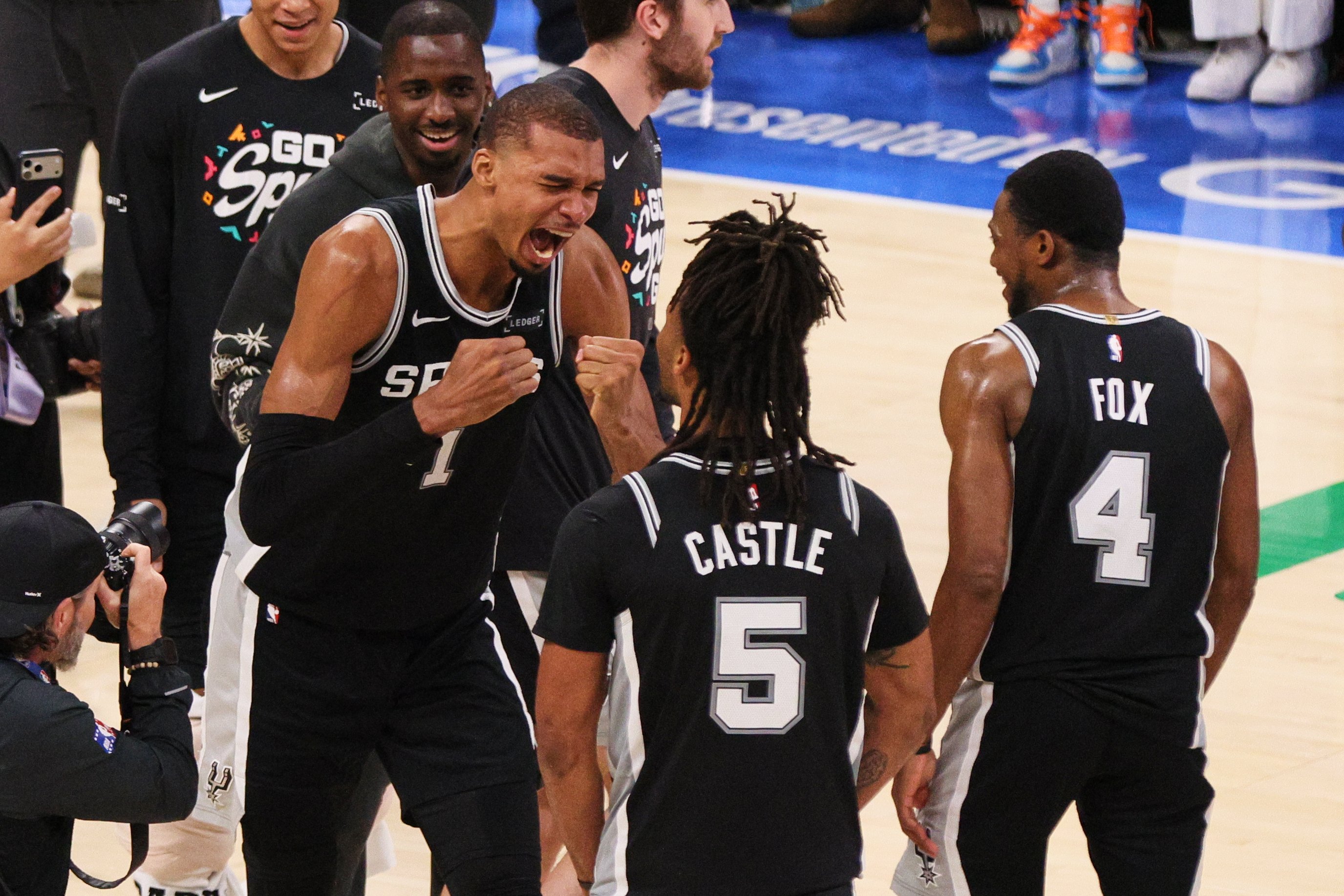 Victor Wembanyama celebrates with San Antonio Spurs teammates after defeating the Oklahoma City Thunder to reach the 2026 NBA Finals