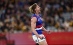 Aaron Naughton Western Bulldogs celebrates goal vs Hawthorn AFL Round 13 MCG 2026