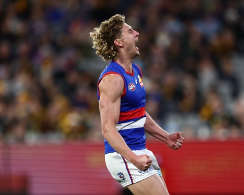 Aaron Naughton Western Bulldogs celebrates goal vs Hawthorn AFL Round 13 MCG 2026