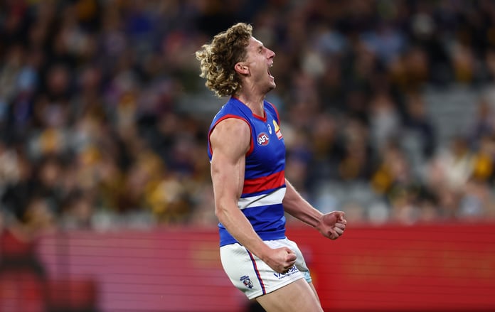 Aaron Naughton Western Bulldogs celebrates goal vs Hawthorn AFL Round 13 MCG 2026