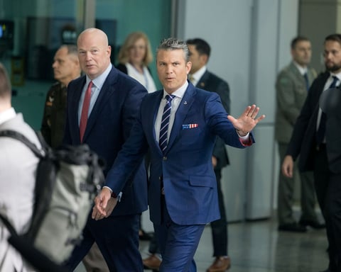 US Ambassador to NATO Matthew Whitaker with US Secretary of War Pete Hegseth at NATO headquarters Brussels