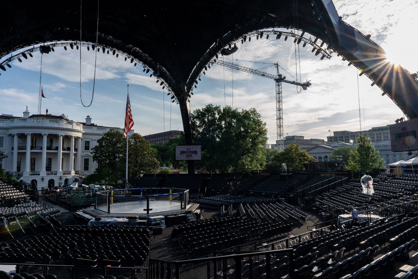 UFC Freedom 250 Octagon and Claw structure looming over the White House South Lawn during a media preview on June 11 2026