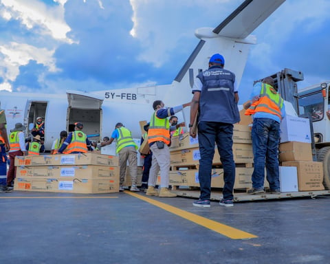 WHO emergency medical supplies being unloaded at a DRC airstrip during the 2026 Bundibugyo Ebola outbreak in Ituri Province