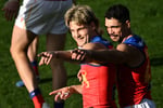 Will Ashcroft and Charlie Cameron celebrate a goal for Brisbane Lions against Richmond Tigers at Ninja Stadium Hobart Round 14 2026