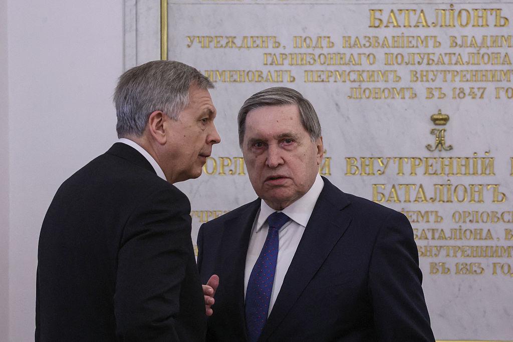 Kremlin aide Yury Ushakov speaks to reporters in Moscow.