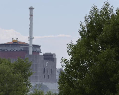 Aerial view of the Zaporizhzhia Nuclear Power Plant with cooling towers in southern Ukraine