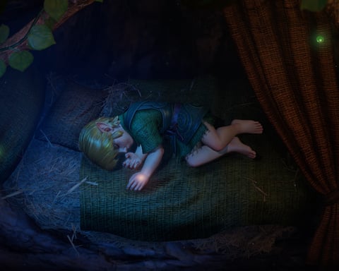 Young Link sleeping in Kokiri Forest in The Legend of Zelda Ocarina of Time remake for Nintendo Switch 2