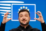 Ukrainian President Volodymyr Zelenskyy at the EU Summit in Brussels where leaders approved the 90 billion euro Ukraine loan