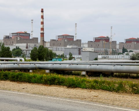 Aerial view of the Zaporizhzhia Nuclear Power Plant in Enerhodar, Ukraine, under Russian occupation