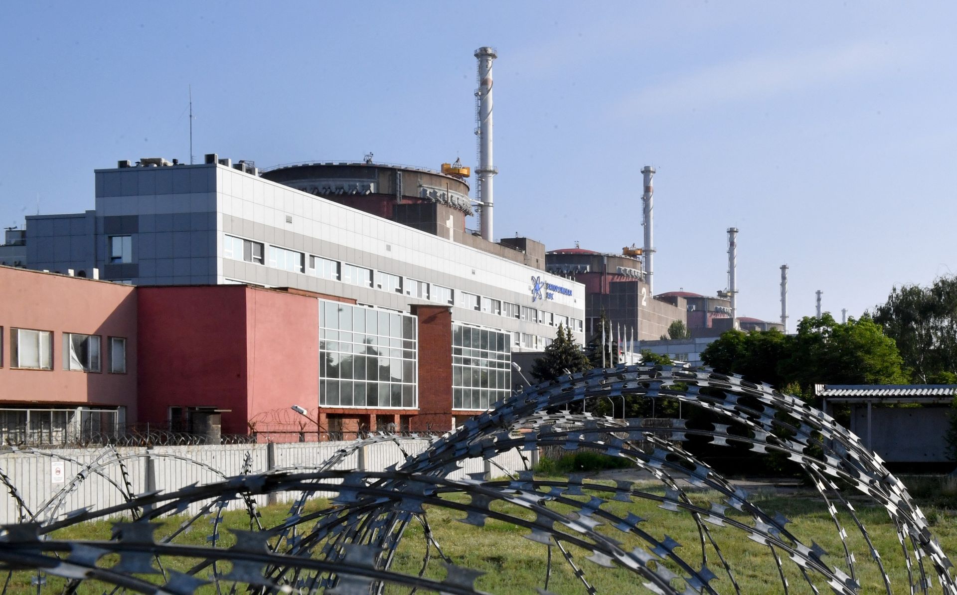 Aerial view of the Zaporizhzhia Nuclear Power Plant in Ukraine, which relies on the Dniprovska power line for reactor cooling electricity