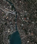 NASA Quickbird satellite high-resolution image of downtown Zurich Switzerland showing the city centre along Lake Zurich with the Limmat River and the Bahnhofstrasse commercial district