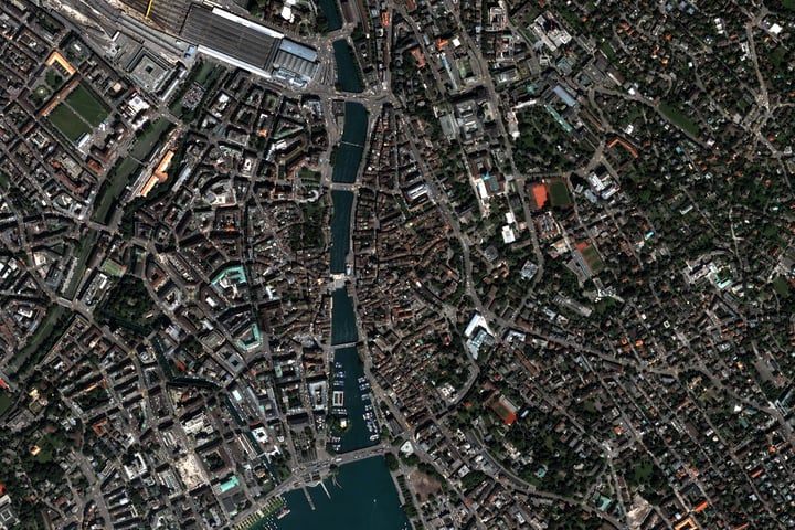 NASA Quickbird satellite high-resolution image of downtown Zurich Switzerland showing the city centre along Lake Zurich with the Limmat River and the Bahnhofstrasse commercial district