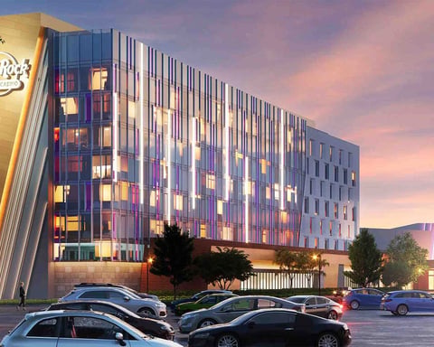 Architectural rendering of the proposed Hard Rock Hotel and Casino in Kenosha, Wisconsin, showing the planned resort complex near Interstate 94