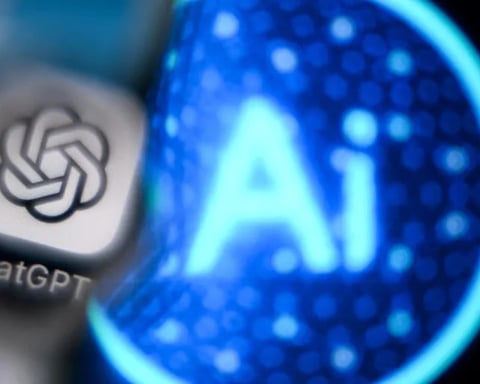 Frustrated worker at laptop as manager points to AI chatbot output on screen