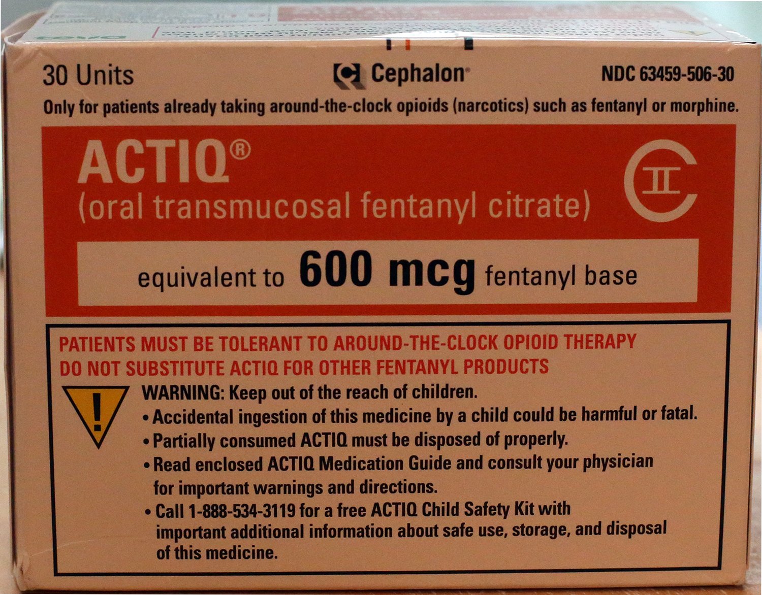 A package of 30 Actiq fentanyl lozenges, each containing 600 micrograms, showing the pharmaceutical form of fentanyl
