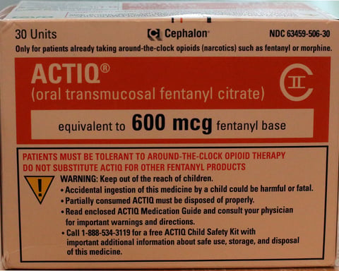 A package of 30 Actiq fentanyl lozenges, each containing 600 micrograms, showing the pharmaceutical form of fentanyl
