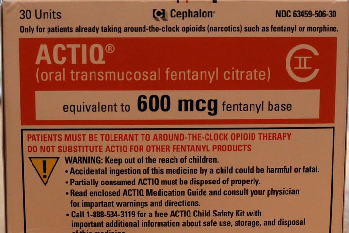 A package of 30 Actiq fentanyl lozenges, each containing 600 micrograms, showing the pharmaceutical form of fentanyl