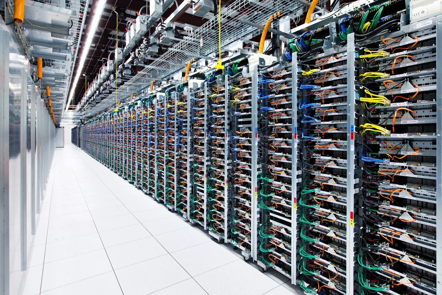 AI servers inside a data center representing rising US imports of advanced computing equipment.