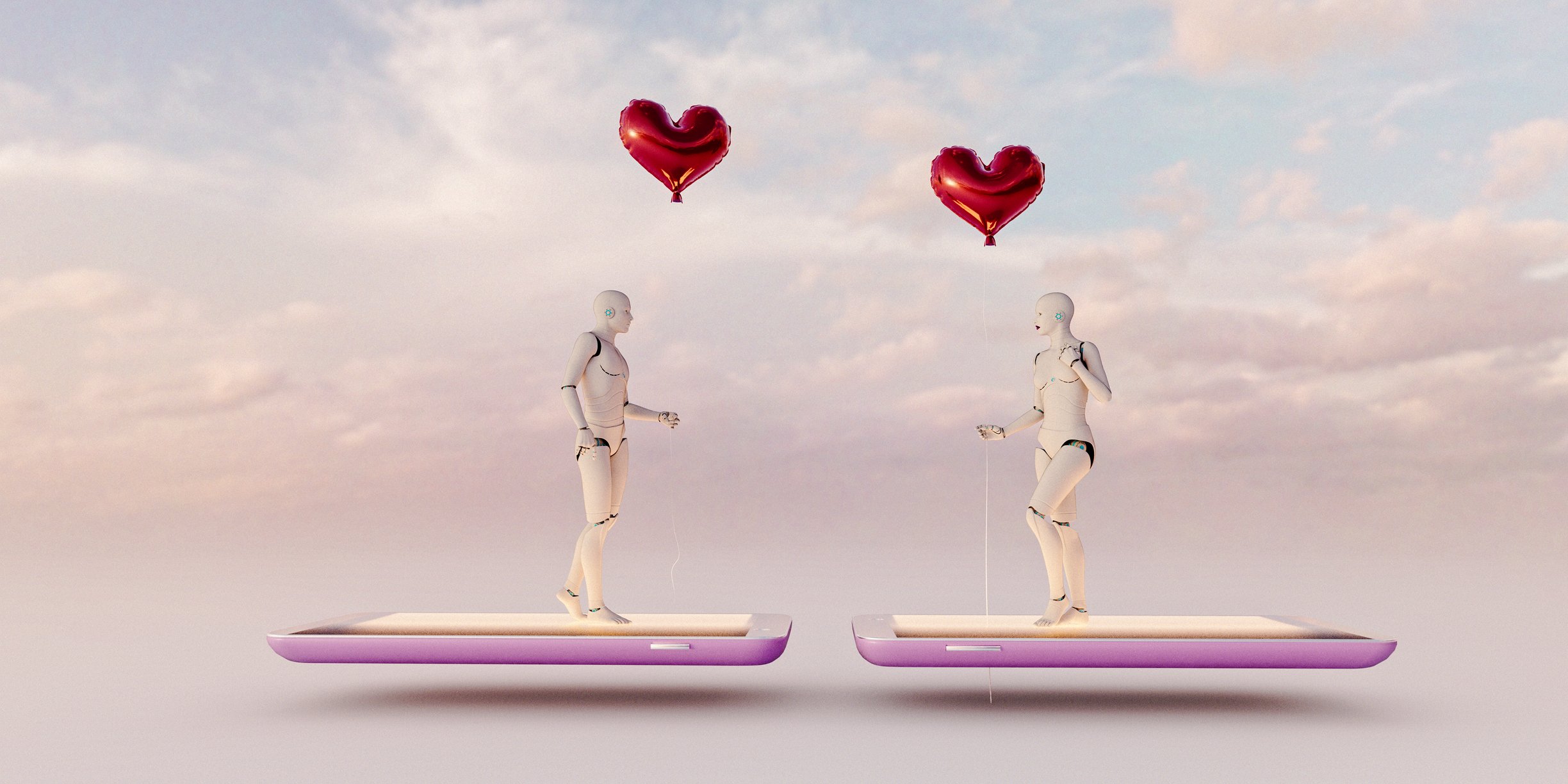 Two humanoid robots holding heart-shaped balloons, illustrating AI-powered dating