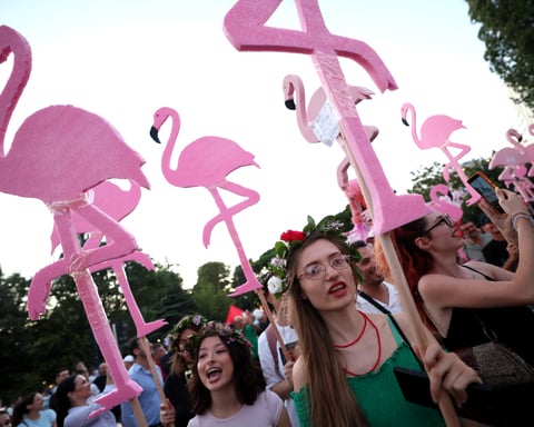 Protesters carrying flamingo signs demonstrate against Jared Kushner's resort project in Tirana Albania July 2026