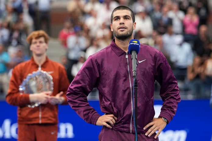 Carlos Alcaraz speaks after winning the 2025 US Open final against Jannik Sinner